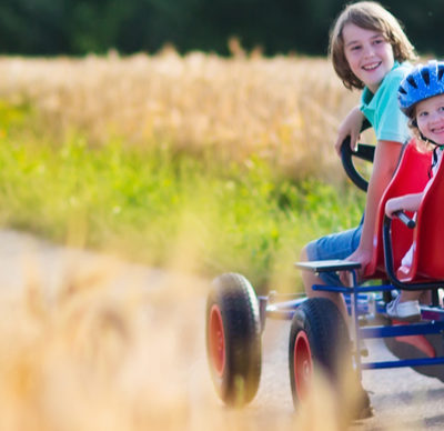 Two happy children, laughing boy and his little sister, toddlers, playing together enjoying a go cart car ride on a country path in an autumnal/summery field