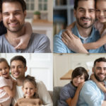 Happy multi-ethnic fathers and their children looking at camera. Smiling African and Caucasian dads posing with kids for family faces headshots portraits. Eight different fathers with their children. Fathers day collage
