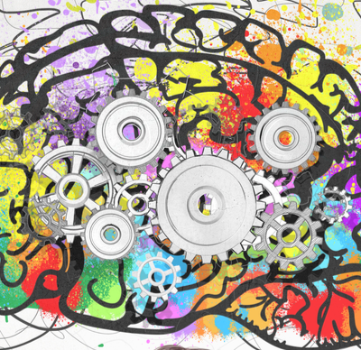 Colourful brain sketch with cogs on it.