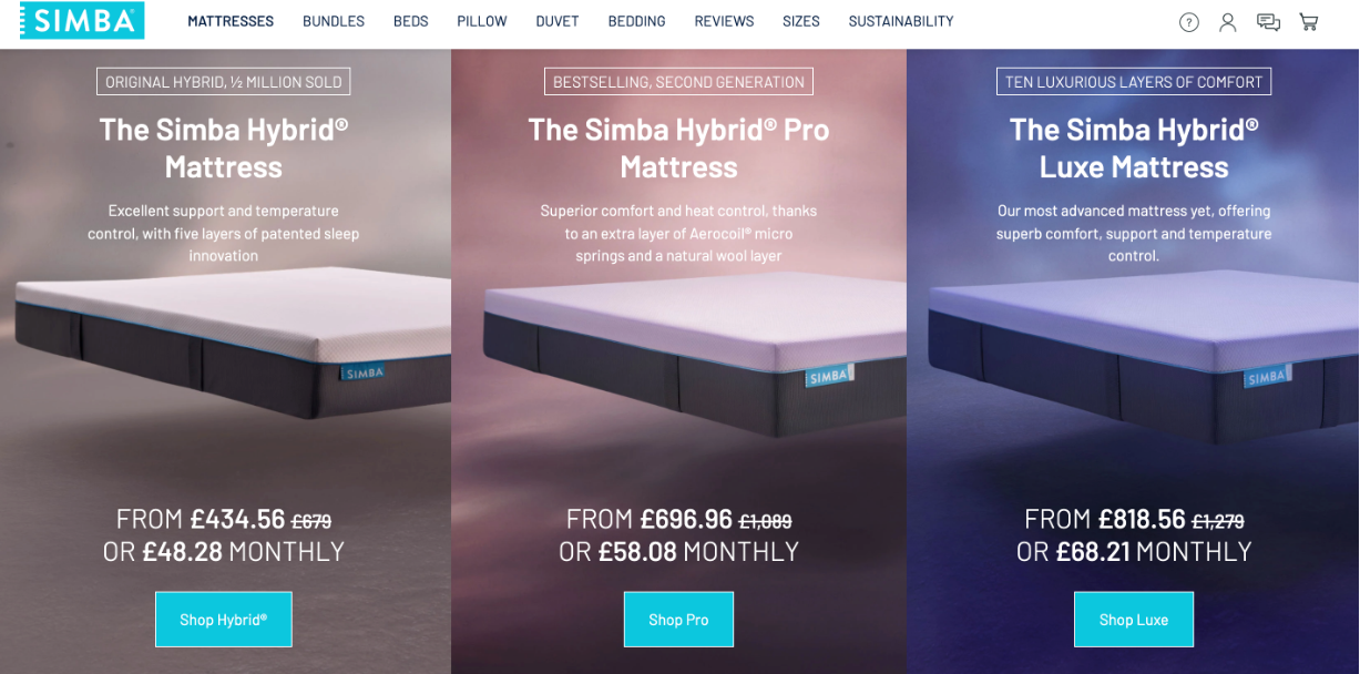 Simba website 3 types of mattress