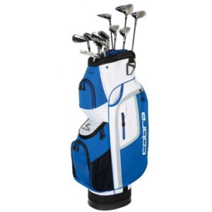 A blue and white golf bag.