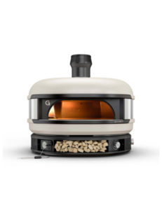Cream and Black woodfired pizza oven.