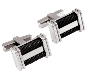 A pair of silver cufflinks, with black braided inlay.