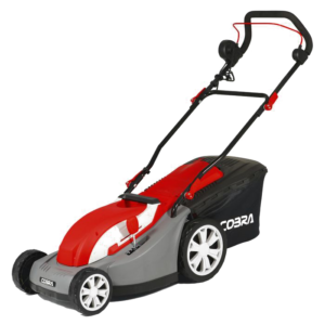 A black, grey, and red hand-pushed lawnmower.